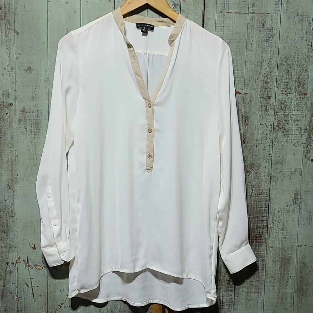 Willi Smith cream and tan sheer blouse
